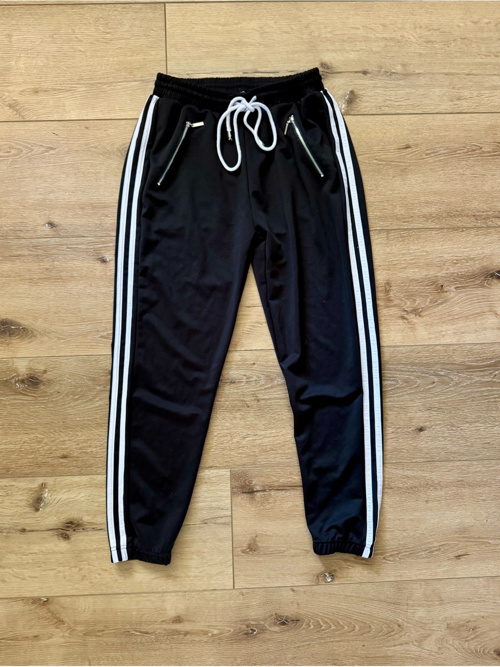 Women’s Black Joggers with White Side Stripes and Drawstring Zippered Pocket Y2K